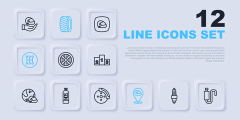 Set line Car spark plug, muffler, Alloy wheel for car, Racing helmet, Gear shifter, Nitrous oxide, tire and brake disk with caliper icon. Vector