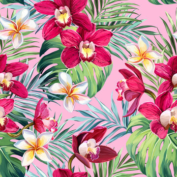 Seamless vector pattern. Tropical pattern. Flowers tropics orchid, plumeria, monstera, palm leaf. Exotic pattern, Hawaiian pattern