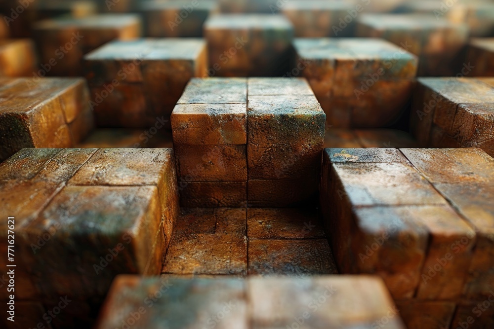 Poster close-up of multiple wooden blocks with rustic texture, creating geometrical patterns perfect for ba