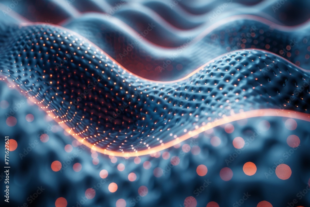 Poster digitalized image of wavy pattern with blue tones and red highlights, hinting at technology and data