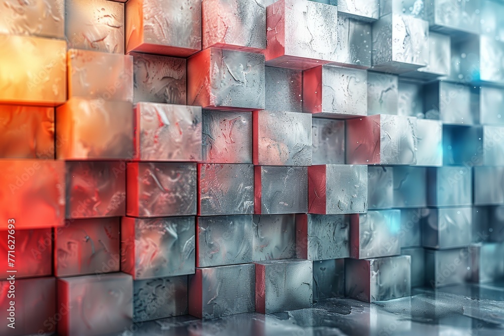 Poster abstract 3d render of cubes with a colorful gradient and frost effect, suggesting concepts of unique