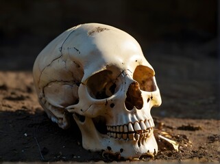 Obraz premium Realistic decomposed human skull on the ground, well lit. Generative AI