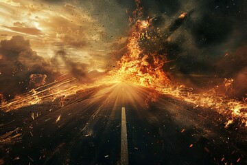 An asphalt road ablaze with fiery flames and sparks in a desolate wasteland, digital art