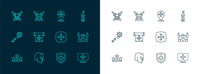 Set line Castle tower, Medieval helmet, Crusade, Shield, Skull with sword and swords icon. Vector - obrazy, fototapety, plakaty