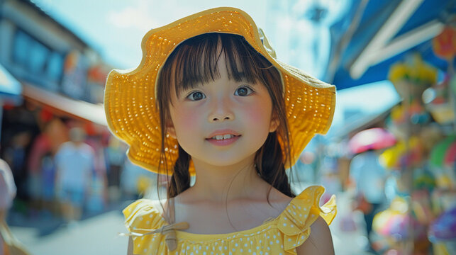 A young girl in a yellow Muji-style dress and hat joyfully chasing butterflies in a sunlit daisy field