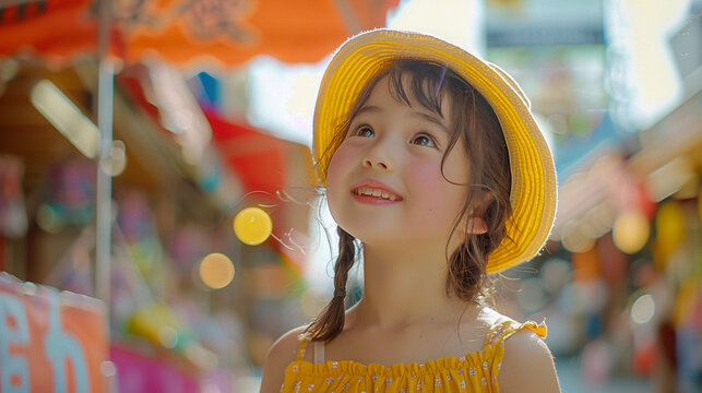 A young girl in a yellow Muji-style dress and hat joyfully chasing butterflies in a sunlit daisy field