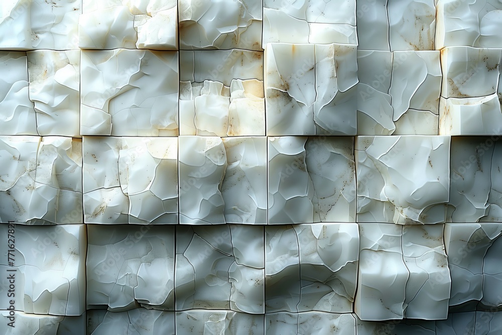 Poster detailed view of a wall pattern made of cracked marble tiles with unique textures