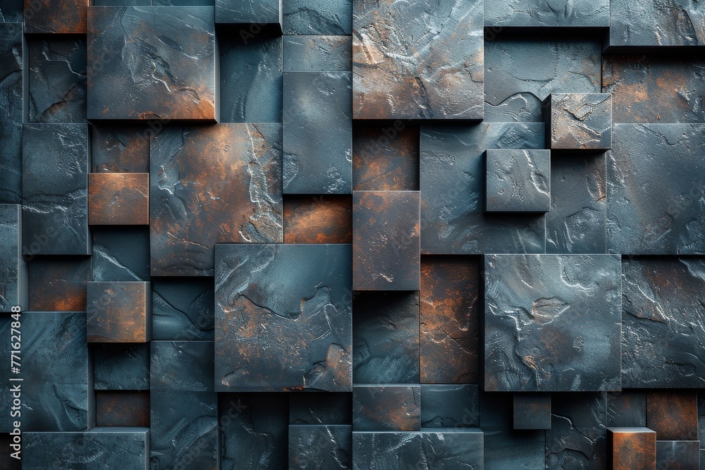 Poster high-resolution image showcasing a unique pattern created from rusty metal cubes with varied texture