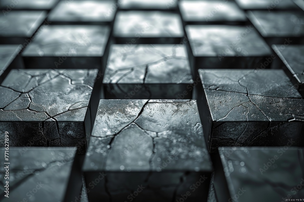 Poster close-up of dark tiles with intricate cracks and reflections, emphasizing texture and depth