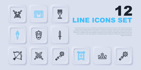 Set line King crown, Mace with spikes, Medieval flag, Torch flame, Crossed medieval sword, Antique treasure chest and icon. Vector