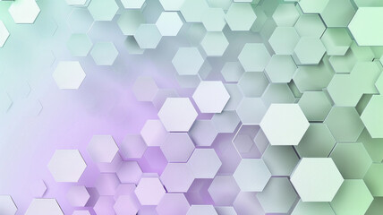 A serene digital hexagon abstract background, with hexagons fading from a soft lavender to a gentle mint green, evoking a calming, therapeutic atmosphere. - obrazy, fototapety, plakaty