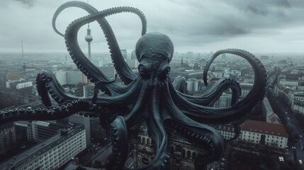 An octopus unfurls its tentacles in the midst of a bustling city, surrounded by skyscrapers and busy streets - obrazy, fototapety, plakaty