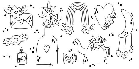 Spring line collection with cute vase, letter, moon, heart, rainbow, watering can. Outline Doodle. Perfect for baby shower, birthday, children's party, clothing prints, greeting cards.