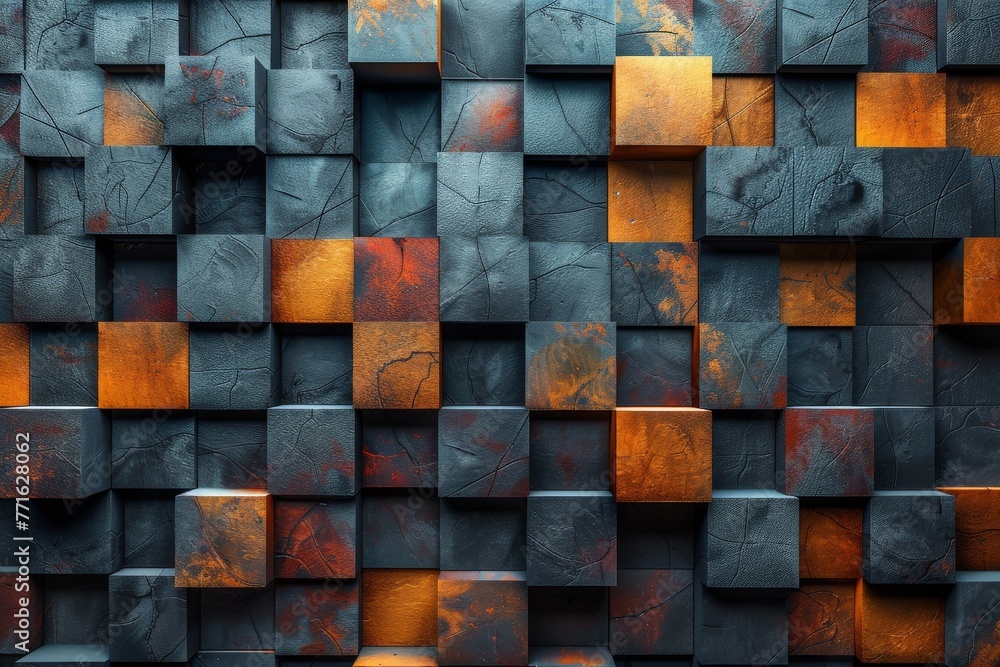 Poster image features an artistic and bold texture of orange and black squares creating a vibrant mosaic wa