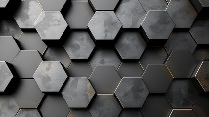 A sleek digital hexagon abstract background, with black and gray hexagons creating an illusion of a 3D metallic surface, reflecting subtle ambient light. - obrazy, fototapety, plakaty
