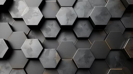 Fotobehang A sleek digital hexagon abstract background, with black and gray hexagons creating an illusion of a 3D metallic surface, reflecting subtle ambient light. © Sajida