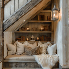 A picture of a reading nook under a wooden staircase or in a wooden house