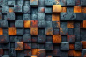 Image features an artistic and bold texture of orange and black squares creating a vibrant mosaic wall design