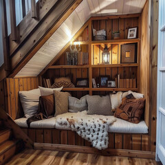 A picture of a reading nook under a wooden staircase or in a wooden house