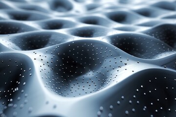 A futuristic textural image showcasing a pattern of white dots on a curvaceous black landscape