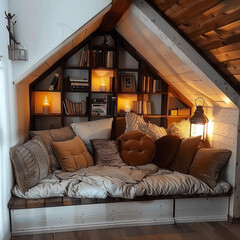 A picture of a reading nook under a wooden staircase or in a wooden house
