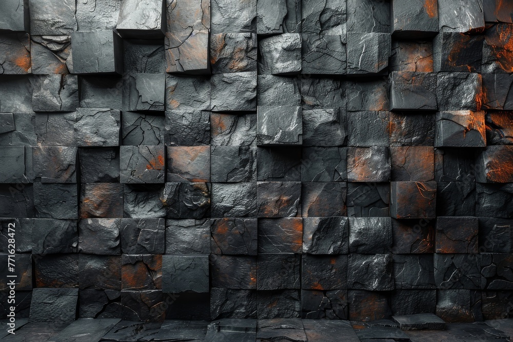 Poster a high-resolution image showcasing the rough texture of a dark stone wall with hints of orange for a