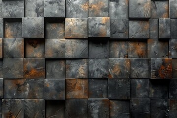 An image depicting the raw and rugged beauty of a cube pattern wall with a textured, rusty metallic finish