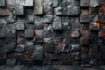 A high-resolution image showcasing the rough texture of a dark stone wall with hints of orange for...