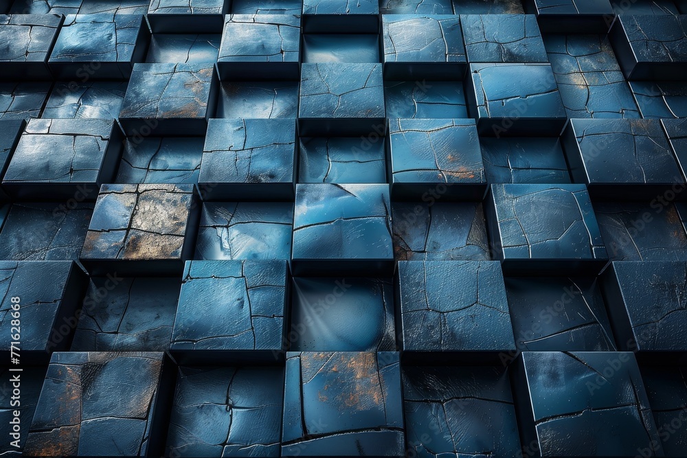 Poster this image showcases a textured surface of 3d cube formations in different shades of blue, with visi