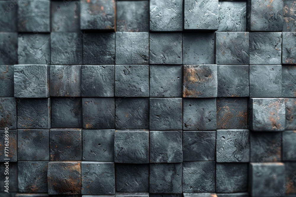 Poster detailed image highlighting the textured surface of 3d cube formations in rustic grey tones with sli