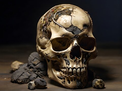 Realistic decomposed human skull on the ground, well lit. Generative AI