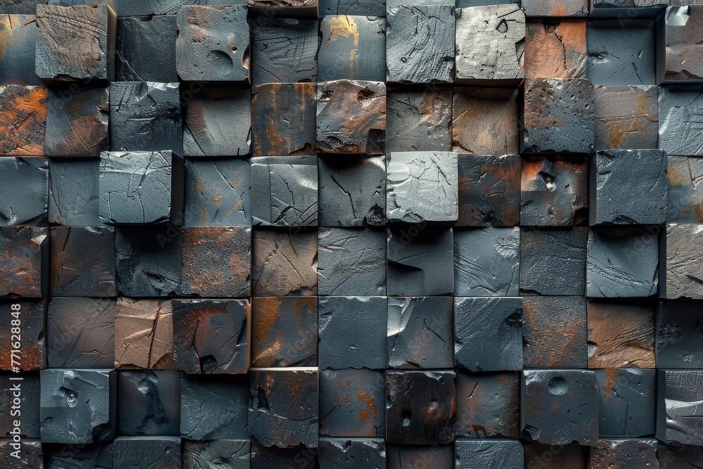 Poster textured metal tiles in rust and black with artists level of detail showcasing decay and robustness