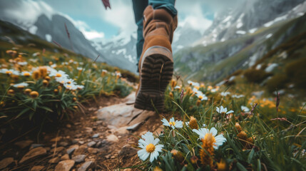 Close-up of a tourist's boots and feet in a mountainous area among flowers and grasses overlooking the mountains. Hiker goes against sky and sun. Hiking concept.  - obrazy, fototapety, plakaty
