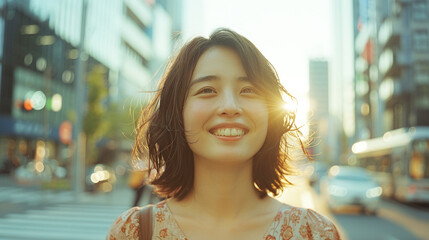 An image of a smiling teenage Japanese woman in a Muji-style dress standing on a bustling city...