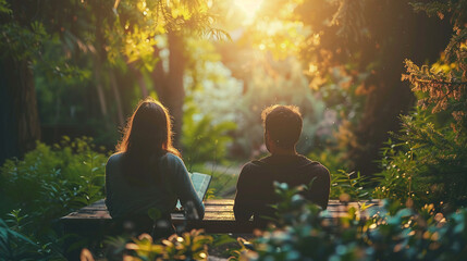 An intimate Bible study setting in a tranquil garden with two people sitting at a rustic outdoor...