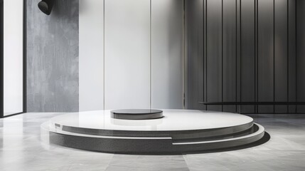 Showcase products on a sleek product showcase podium, featuring an empty round stage that emphasizes the beauty of the displayed items.  Blank scene showcase mockup with empty round stage.