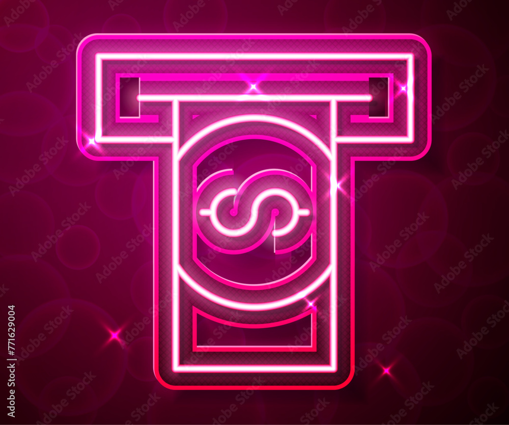 Poster glowing neon line atm - automated teller machine and money icon isolated on red background. vector