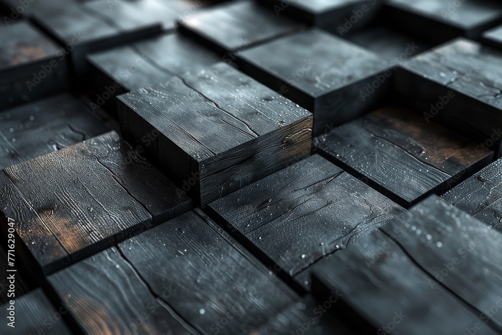 Poster close-up of staggered wooden blocks with dark finish, creating a geometric and textural interplay