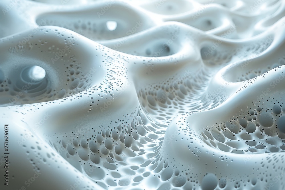 Poster detailed view of a 3d render with a smooth wavy pattern and water droplets on a white surface, creat