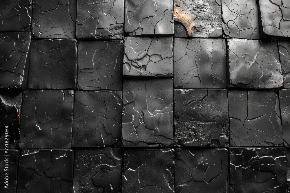 Poster ceramic tiles with a deep black finish and visible cracks, adding character and depth to the texture