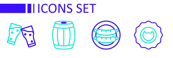 Set line Bottle opener, Sausage, Wooden barrel and Glass of beer icon. Vector