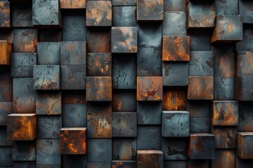 A rustic wall texture composed of orange weathered cubes with traces of rust, exuding industrial charm