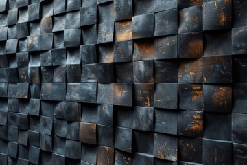 The dark metallic texture of an abstract cube wall with scattered rust spots adds an industrial feel