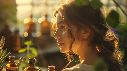 An Italian woman scientist her face close to a pure essential oil blend