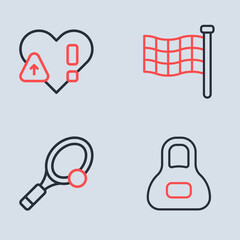 Set line Checkered flag, Tennis racket with ball, Weight and Heart rate icon. Vector