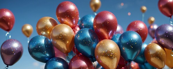 Colorful holiday balloons on blue sky background - obrazy, fototapety, plakaty