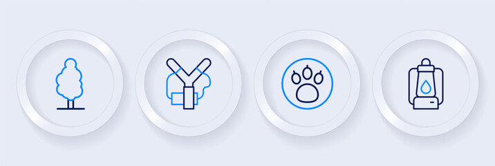 Set line Camping lantern, Paw search, Slingshot and Tree icon. Vector