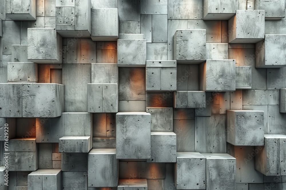 Poster image of a structured pattern created by 3d concrete blocks on a building wall