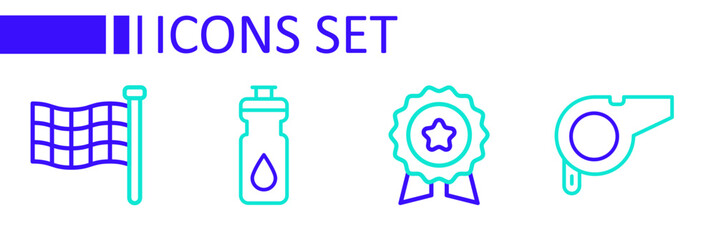 Set line Whistle, Medal with star, Fitness shaker and Checkered flag icon. Vector