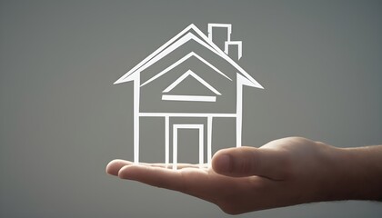 Fototapeta na wymiar Real estate concept, A white hand holding a house icon a gray background